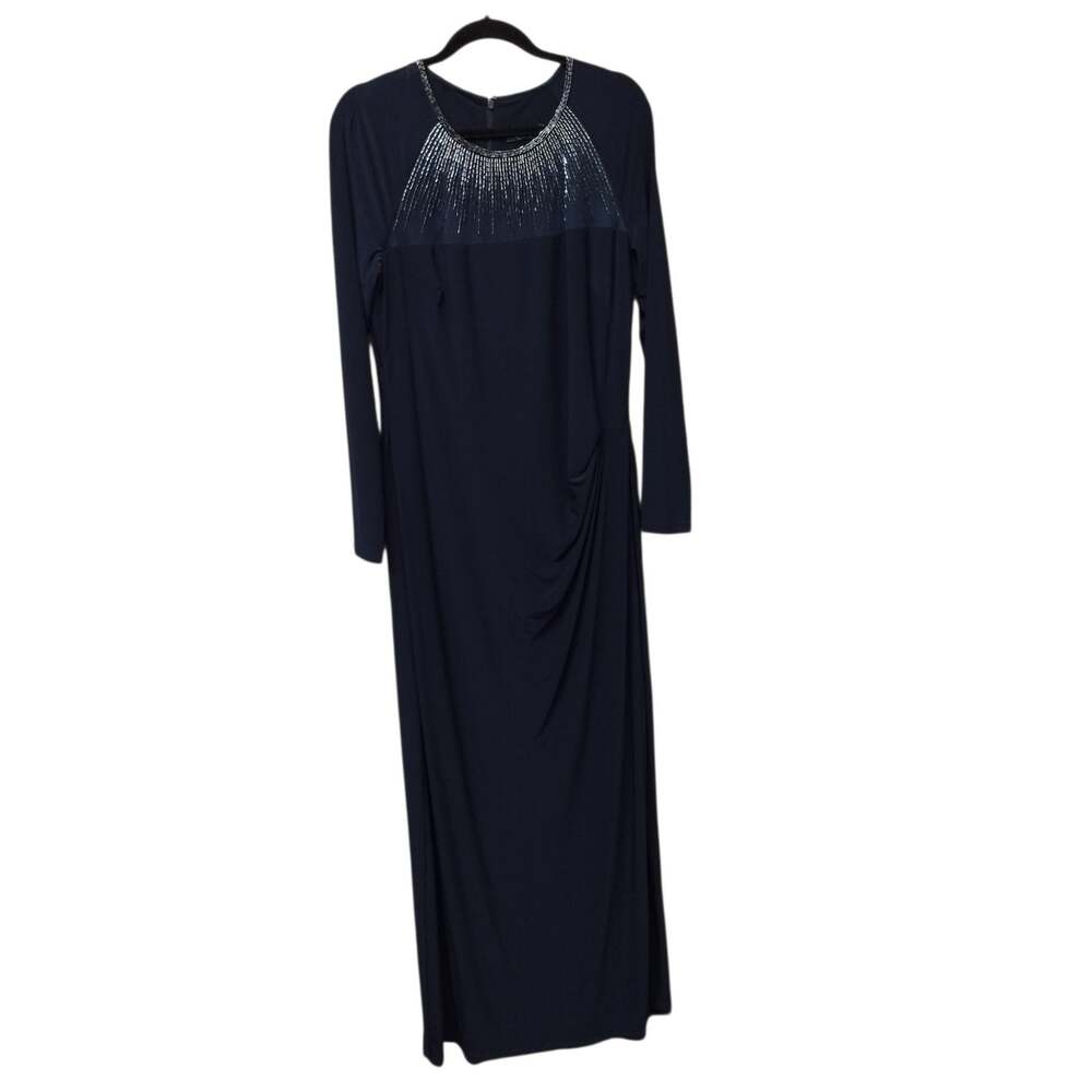 Lauren Ralph Lauren Beaded Mesh Yoke Formal Gown 18 Blue Event Glam Occasion
